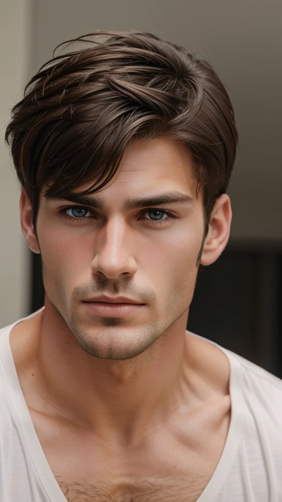 A masculine handsome boy with medium hair, sharp jawline and chad face. The image quality should be 4k. Eye colour should be brown.