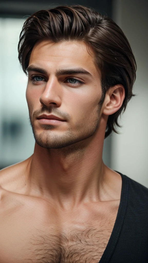 A masculine handsome boy with medium hair, sharp jawline and chad face. The image quality should be 4k. Eye colour should be brown. 