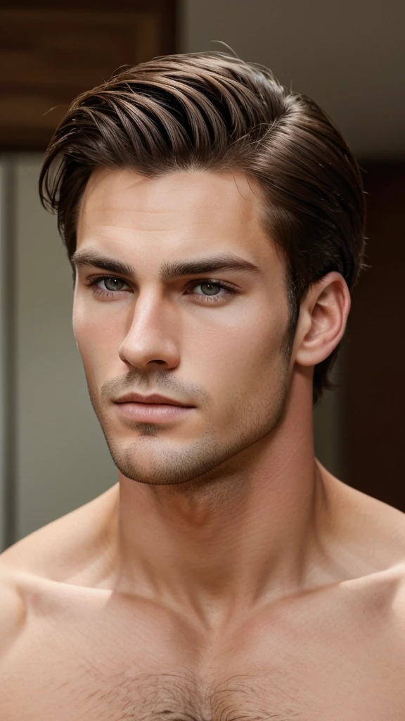 A masculine handsome boy with medium hair, sharp jawline and chad face. The image quality should be 4k. Eye colour should be brown.