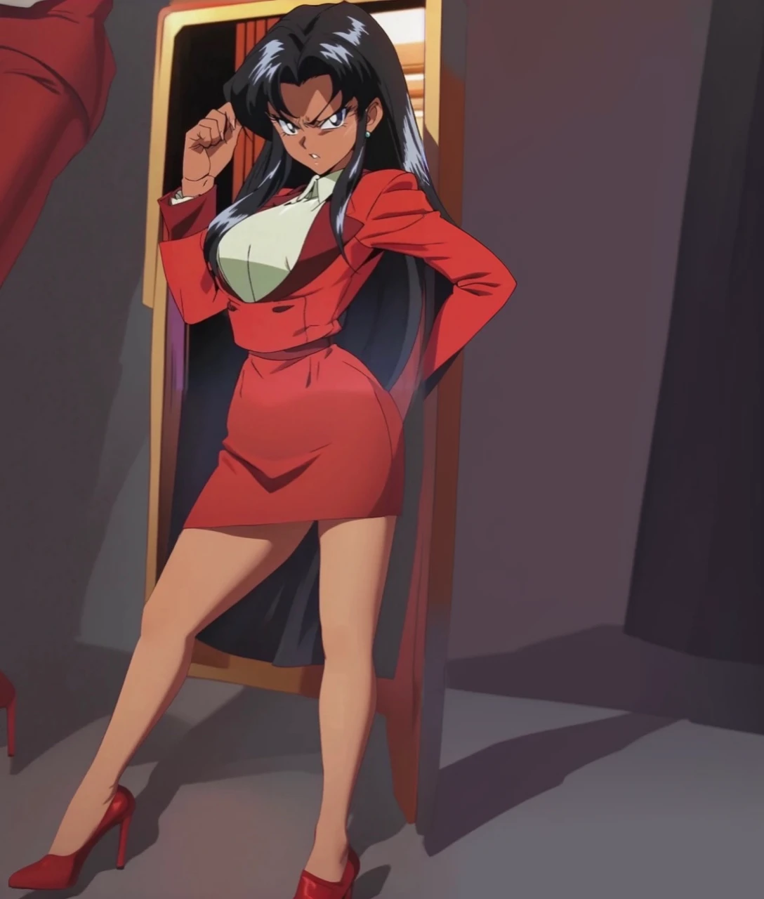 90s anime Evil black skinned business woman in a red suit and red skirt and red heels and long red sleeves