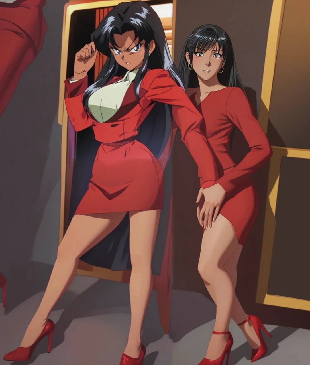 90s anime Evil black skinned business woman in a red suit and red skirt and red heels and long red sleeves