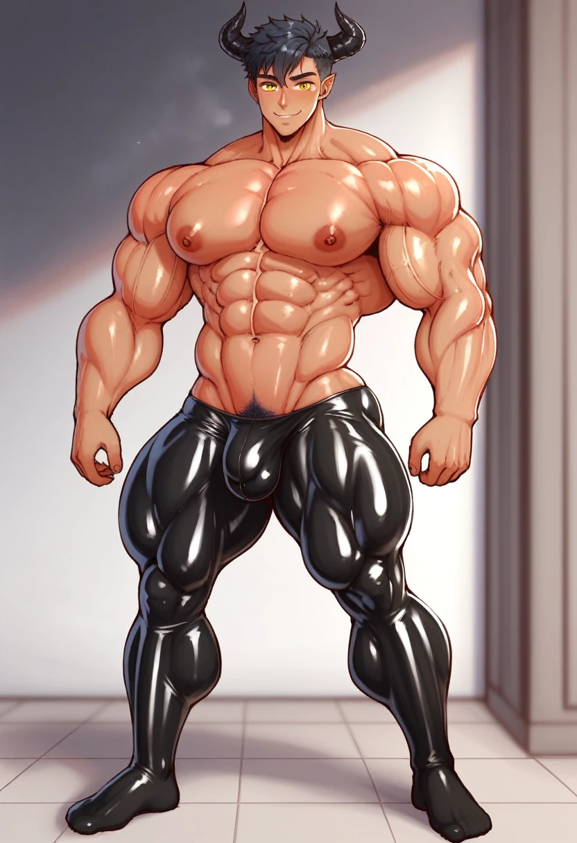 absurdres, highres, ultra detailed, HDR, masterpiece, Ren Zotto, vtuber, black hair, expressive golden eyes, demon, black horns, 1man, handsome, inside a dungeon, cave. A (Young face) 15 y years old) very attratanding, full body. Mexican ethnicity. tanned skin, short hair bangs that fall on both sides of his youthful face, Flirtatious smile. young man, alone, marked muscles, beautiful musculature, aesthetic stretch marks, inspiring physique, slender muscles, square pecs, beautiful V-cone, excellent abs and torso, chiseled abs, pectorals chiseled, perfect massive muscles, inflated muscles, voluminous pectorals, massive muscular body, a huge gigantic chest with a narrow waist, huge shoulders, ridiculously well-shaped large pecs, eight chiseled abs, (very toned and huge) with his military haircut and voluminous neck, narrow waist, golden eyes, young face, beautiful, young. Teen muscular young bodybuilder withraordinary and firm back, chiseled muscles, rhomboid muscles, latissimus dorsi. Gigachad. He wears a tight black latex thong, bulge chest, shirtless, topless, bare torso, Big bulge in the Crotch. Prominent abs and pectorals. His muscles stand out. Ruins of greek temple background. Standing, full body. (((black latex thong) (((Exposed muscular torso.)))