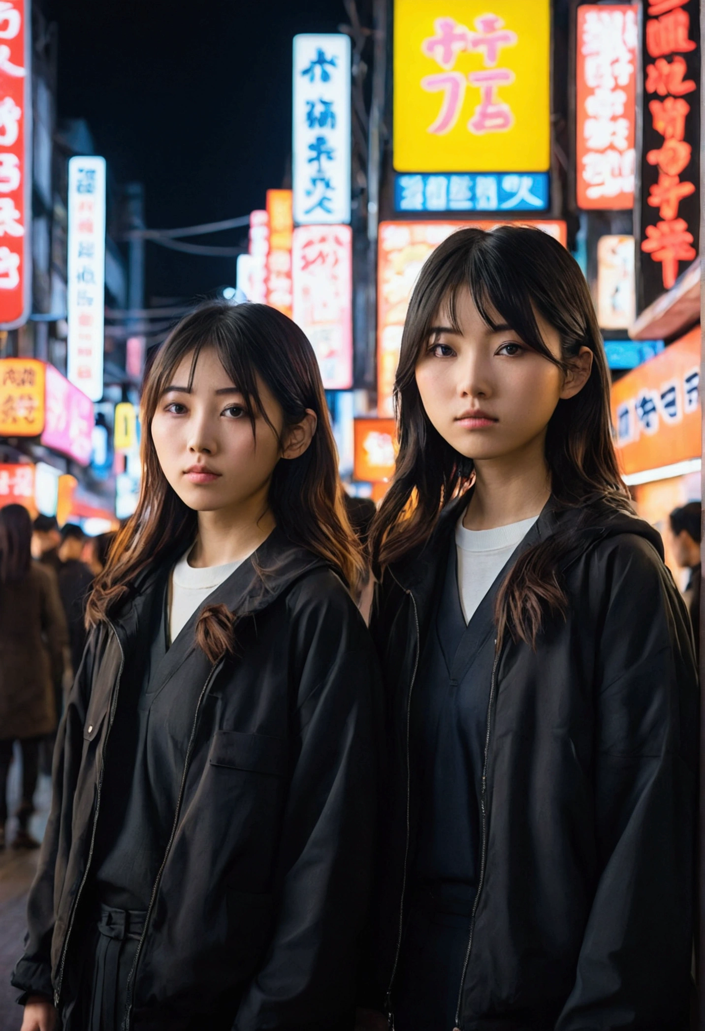 Two young Japanese girls with dark hair standing in a crowded urban setting with bright neon signs and billboards in the background