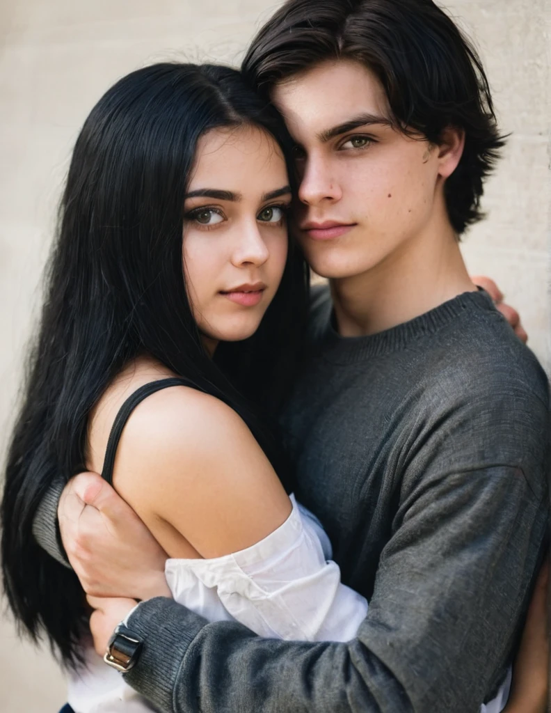 A college going couple hugging each other. The boy has short blond hair and is holding a special knife in his hand. The girl has hazel eyes & long black hair. 