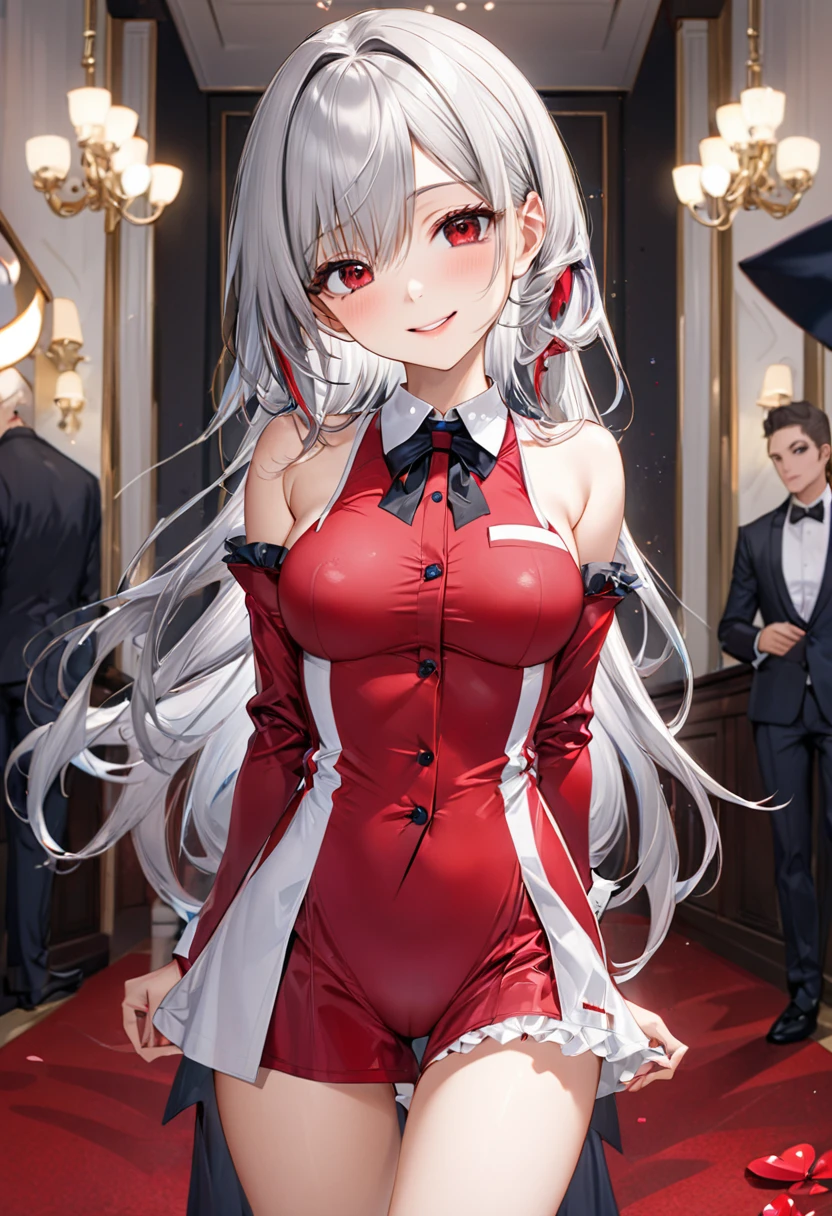 (full body, pov style), (solo:2, 16 yo, hime-cut silver hair long hair cool beauty girl, sexy red eyes, smile, medium:1.2 tits, glossy lip), (in a butler suit), break, in the Swimsuit contest venue, BREAK, perfect anatomy, masterpiece, best quality, 16k, beautiful detailed love, sexy, daydreaming expression.