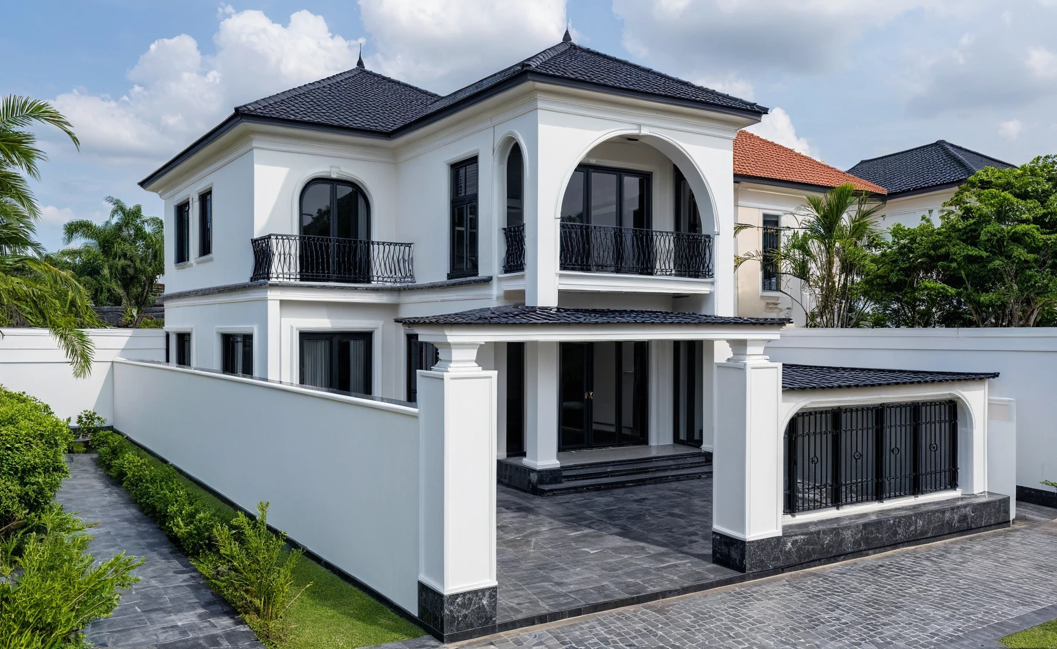 (masterpiece:1.2), best quality, photo of A two-story modern house in VietNam with white walls and dark tiles on the roof., tree and plant environment,daylight, streetcapes, natural light, vivid color, The exterior of an elegant single family home features large windows, a dark gray door frame.
