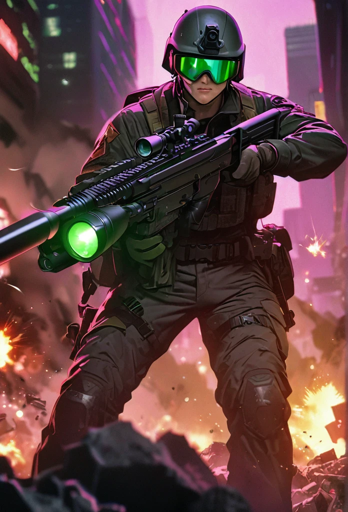 high quality, high definition images, full HD、8k.1 young man, Short brown hair in American combat uniform Wear a helmet deeply, holding a sniper rifle 、midnight city area, using a night vision goggle, pitch black The night vision light is green, Firing a gun from the rubble, 8k, HD, hyper detailed, anatomically correct