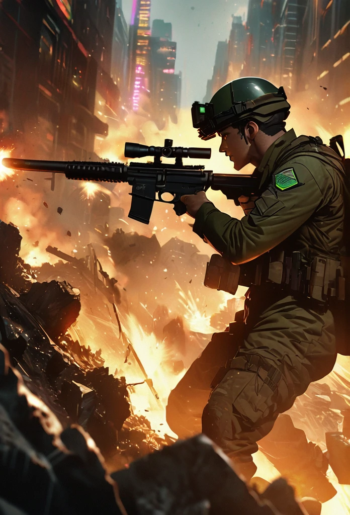 high quality, high definition images, full HD、8k.1 young man, Short brown hair in American combat uniform Wear a helmet deeply, holding a sniper rifle 、midnight city area, using a night vision goggle, pitch black The night vision light is green, Firing a gun from the rubble, 8k, HD, hyper detailed, anatomically correct