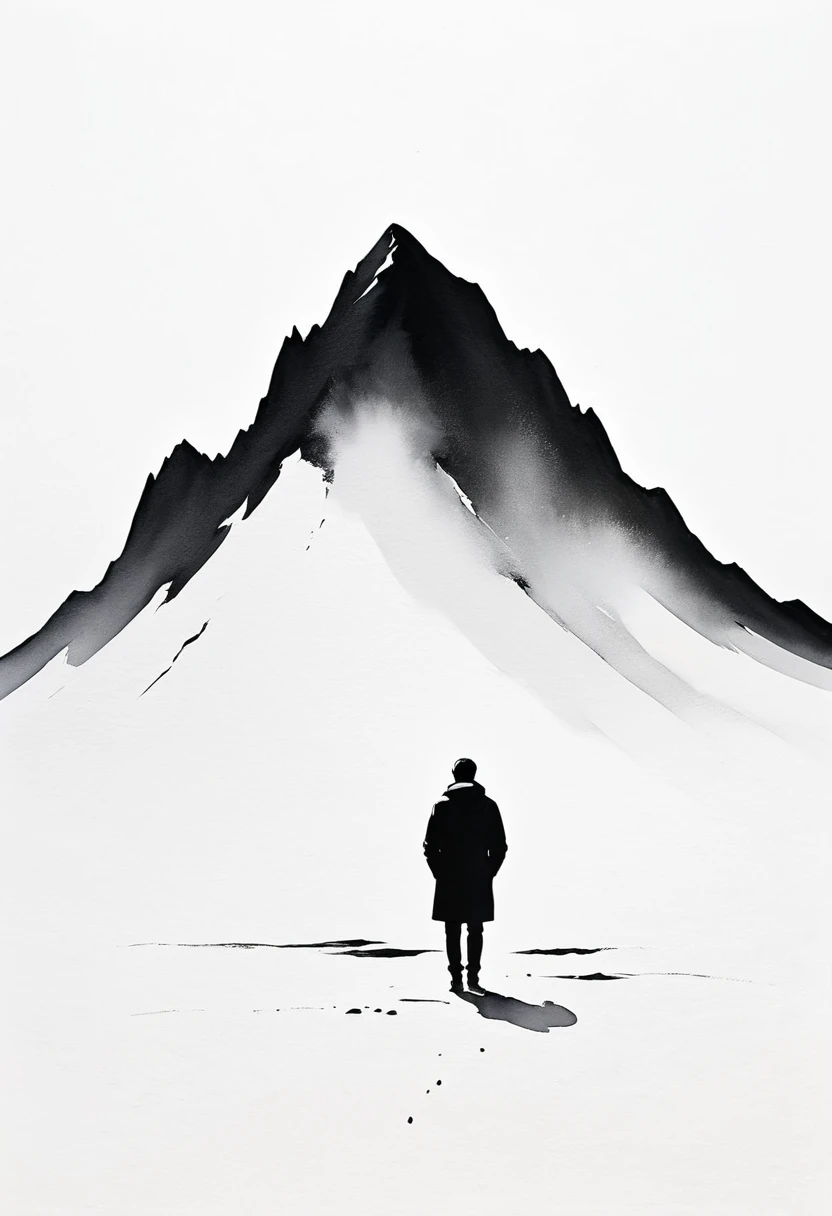 (Lots of white space:1.5)，(Lots of white space:1.6), Huge negative space,White background, simple, Minimalism, Abstract,Hand Painted，Aesthetic，black and white，Ink Painting，Mountain，solitary Man