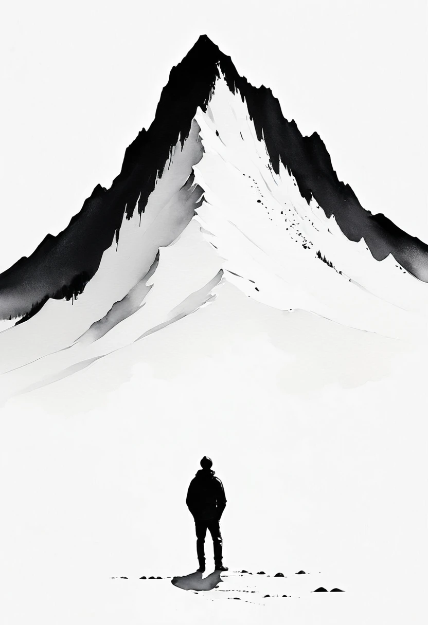 (Lots of white space:1.5),(Lots of white space:1.6), Huge negative space,White background, simple, Minimalism, Abstract,Hand Painted,Aesthetic,black and white,Ink Painting,Mountain,solitary Man