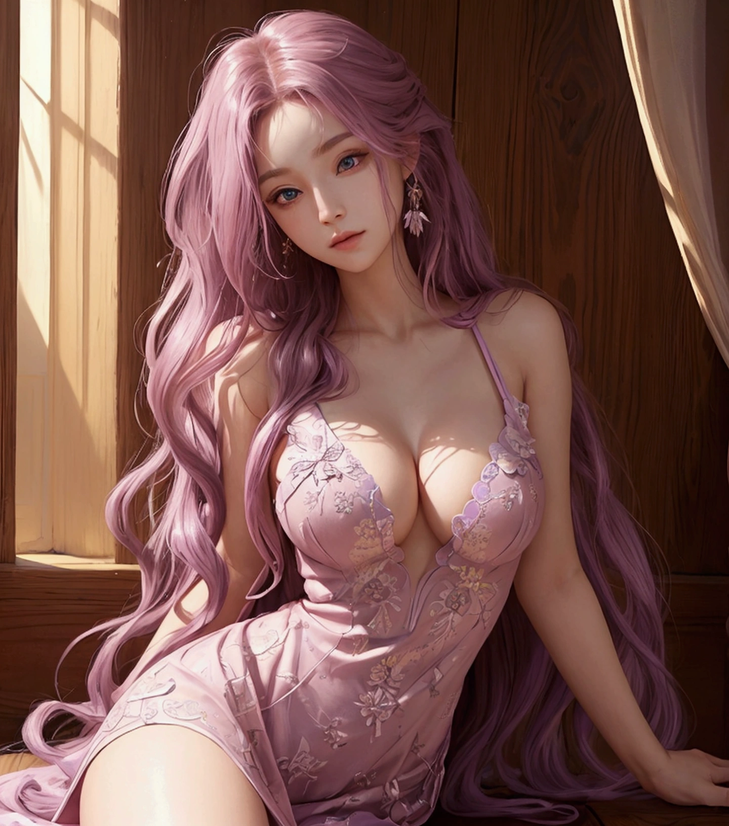 A beautiful Western woman with long loose, naturally curly hair in a pink and purple gradient color and wearing a dress,Textured skin, From head to toe,whole body, Add to her (Gentle and laid-back) ,8K Portrait, Complex, elegant, Very detailed, Majestic, Digital photography, ArtJam、Luan Jia、Surreal paintings by Greg Rutkowski、Golden butterfly filigree,  (masterpiece, Side light, Beautiful, detailed eyes: 1.2), High resolution,