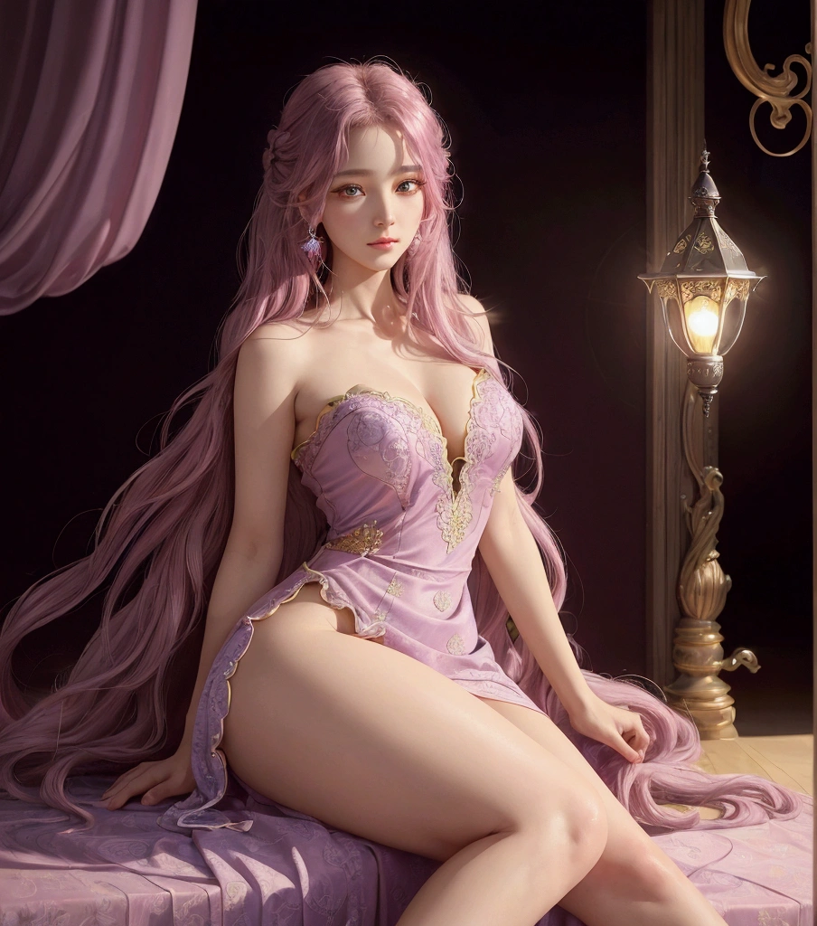 A beautiful Western woman with long loose, naturally curly hair in a pink and purple gradient color and wearing a dress,Textured skin, From head to toe,whole body, Add to her (Gentle and laid-back) ,8K Portrait, Complex, elegant, Very detailed, Majestic, Digital photography, ArtJam、Luan Jia、Surreal paintings by Greg Rutkowski、Golden butterfly filigree, (masterpiece, Side light, Beautiful, detailed eyes: 1.2), High resolution,