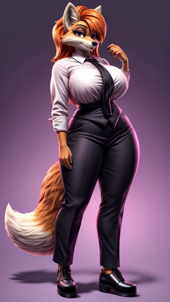 Skye from Paw Patrol, as a female fox, anthro, mature adult, tall, big breasts, medium thicc thighs, flowy long orange hair, magenta iris, white shirt with black tie, black pants, black shoes, standing, solo, beautiful, high quality, clear background, 4K