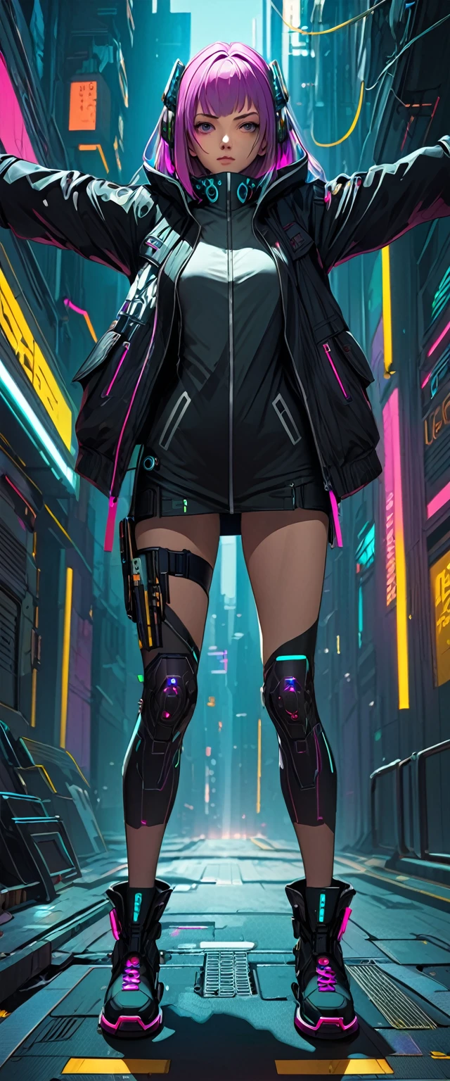 a cyberpunk type girl looking straight ahead with her arms spread full body