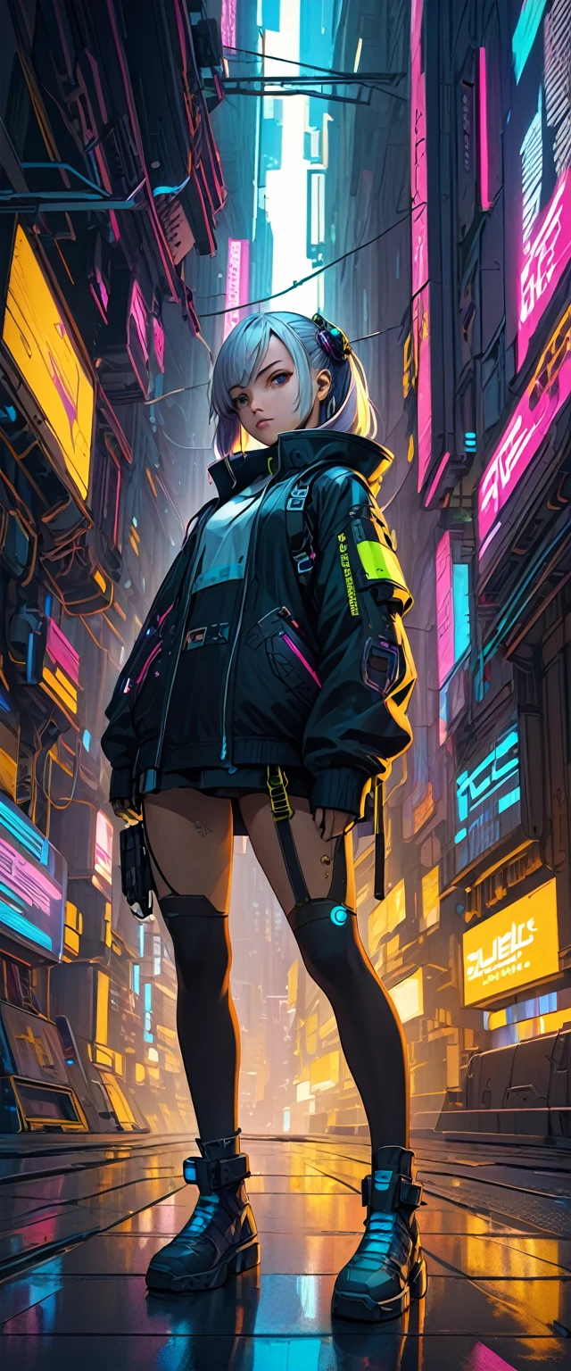 a cyberpunk type girl looking straight ahead with her arms spread full body