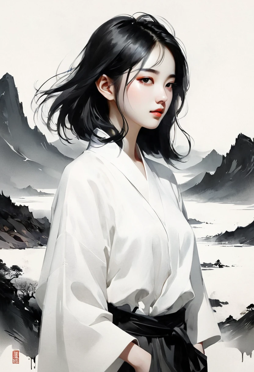 (Lots of white space:1.5)，(Lots of white space around:1.6), White background, simple, Minimalism, abstract,Freehand，Aesthetic，black and white，Ink Painting，antiquity，a mountain，A person far away，A beautiful artistic illustration, author：Li Song, Arte no estilo de guweiz, arte shin jinyoung, Obra-prima de guweiz, Ross chart 1. 0, Beautiful digital illustrations, Inspired by non-WLOP, Cute and cute digital art, jingna zhang, guweiz, Stunning digital illustrations
