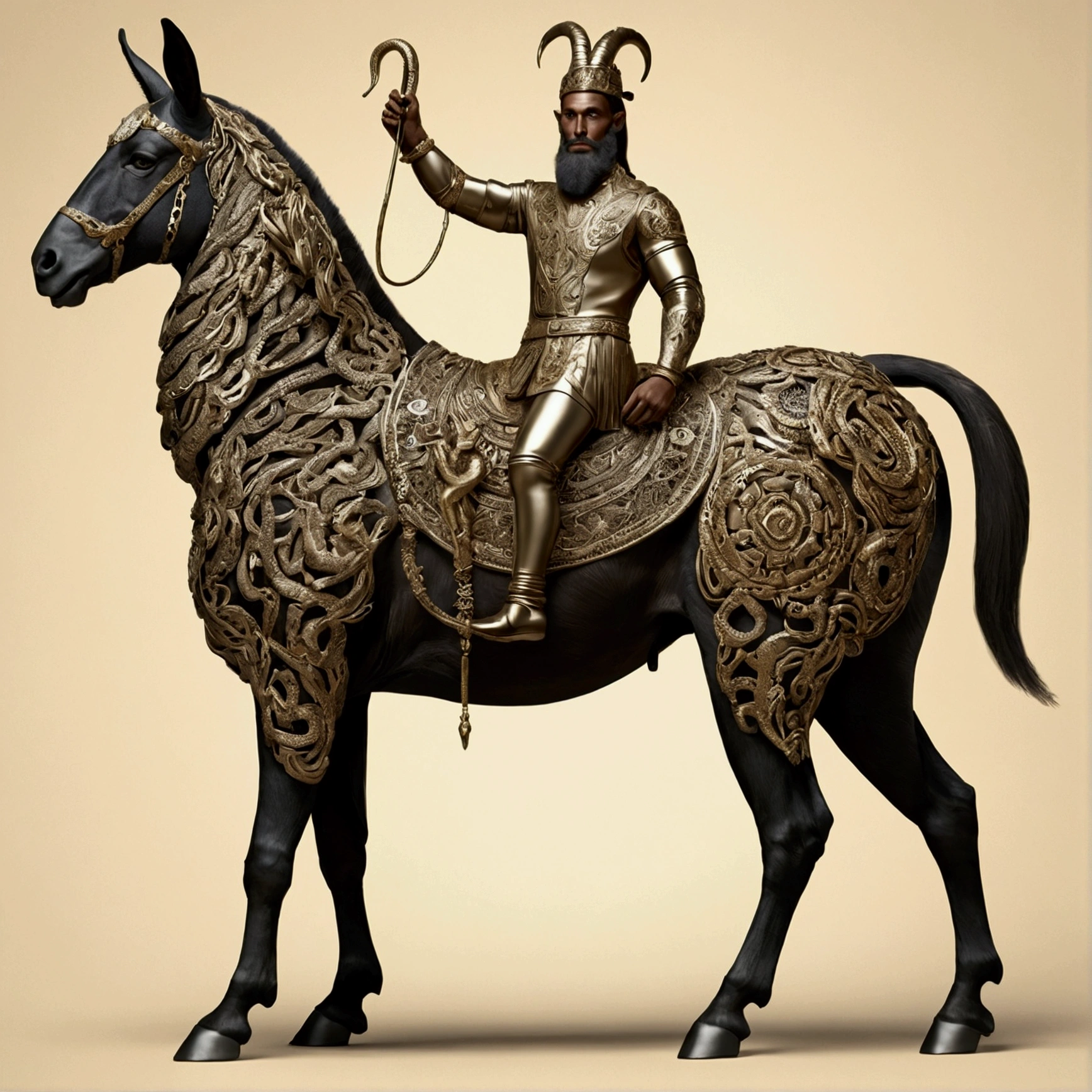 Create a man with a goat's leg, a snake's head, a horse's arm and a donkey's ear.