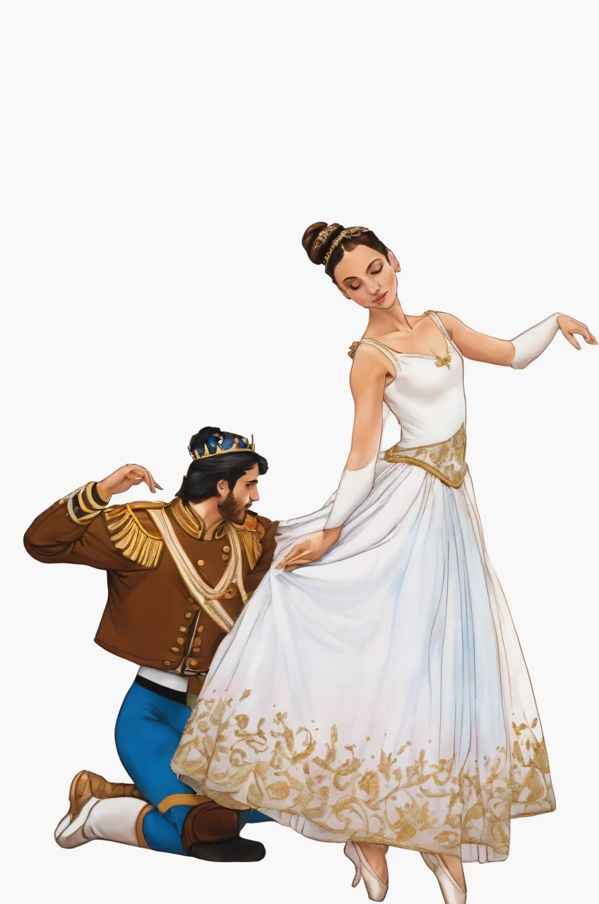 A ballerina saluting a man, She has her head down and holding her skirt (She is white with straight brown hair and a bun) the man has a crown on his head, prince's white clothes and his back is to the painting, In his right hand he has a sword that he holds high and in his hand there is a hole in the center. Between him and the girl there are dead monsters on the floor. They are in a field with green grass and mountains in the background.