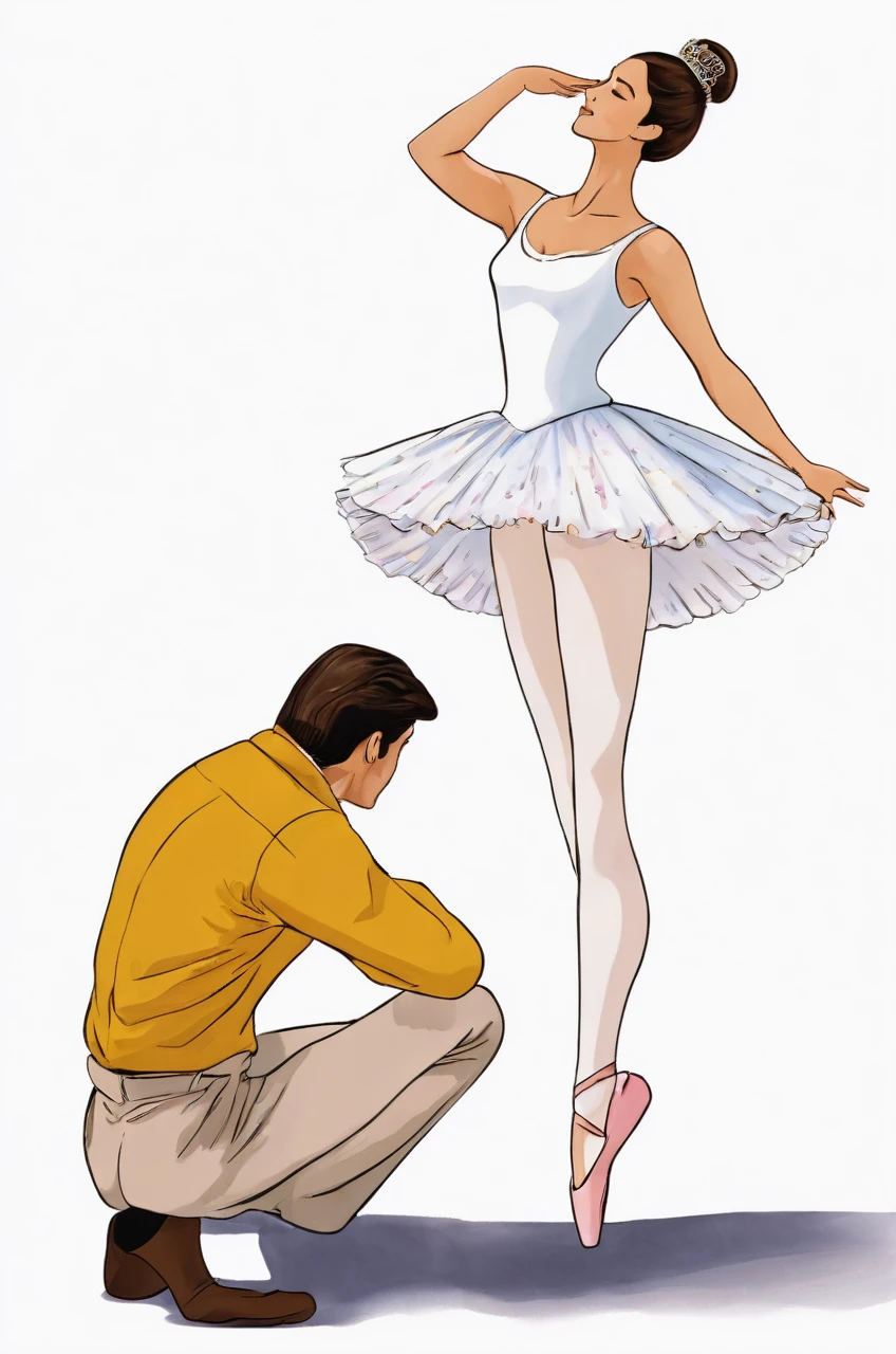 A ballerina saluting a man, She has her head down and holding her skirt (She is white with straight brown hair and a bun) the man has a crown on his head, prince's white clothes and his back is to the painting, In his right hand he has a sword that he holds high and in his hand there is a hole in the center. Between him and the girl there are dead monsters on the floor. They are in a field with green grass and mountains in the background.