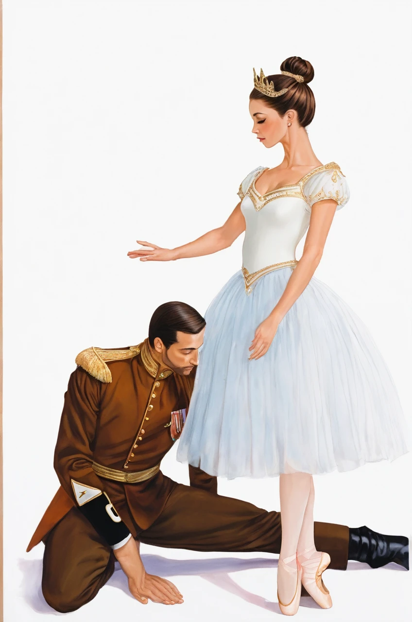A ballerina saluting a man, She has her head down and holding her skirt (She is white with straight brown hair and a bun) the man has a crown on his head, prince's white clothes and his back is to the painting, In his right hand he has a sword that he holds high and in his hand there is a hole in the center. Between him and the girl there are dead monsters on the floor. They are in a field with green grass and mountains in the background.