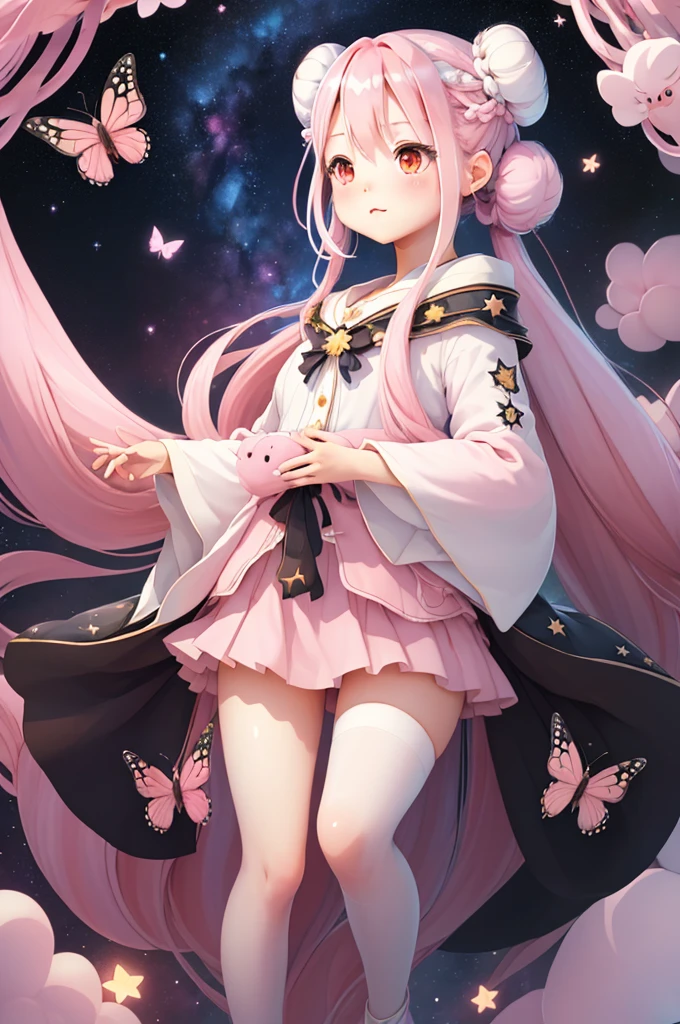 ((masterpiece))、(((Highest quality)))、((Super detailed))、((An illustration))、Attention to detail、Highly detailed CG Unity 8k、High resolution、美しいAttention to detail目、Attention to detail、美しいAttention to detail目,cute00d, star (symbol), One Girl、Lots of butterflies around、 Black background, star (Sky Porn), floating, Flock of butterflies, space, thread, (Hair Ribbon:0.4), Pink Eyes,(((White bun hair))),(((Long pink hair))),Kunimi Tama