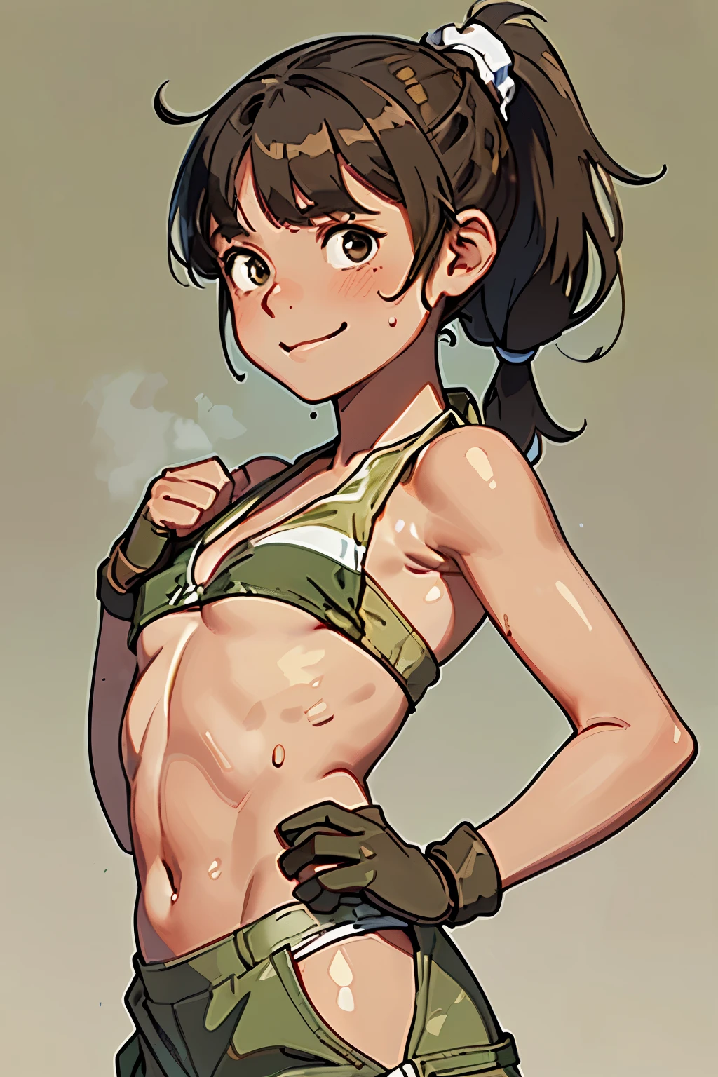 best quality, masterpiece, 1 mechanic girl, smiling, (wearing bikini-top, khaki cargo pants:1.4), gloves, (light brown ponytail hair with bangs:1.3), (sweating a lot:1.4), (contrapposto:1.3), factory, (small breast, cleavage, underboob:1.2)