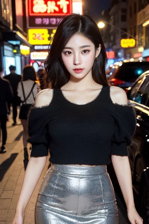 a gorgeous young korean lady, detailed face with large expressive eyes, long eyelashes, delicate features, ample bust, wearing black top and short skirt, standing on city street, highly detailed, 8k, masterpiece, masterful lighting, cinematic composition, photorealistic, volumetric lighting, vibrant colors, elegant, graceful, charming, bokeh