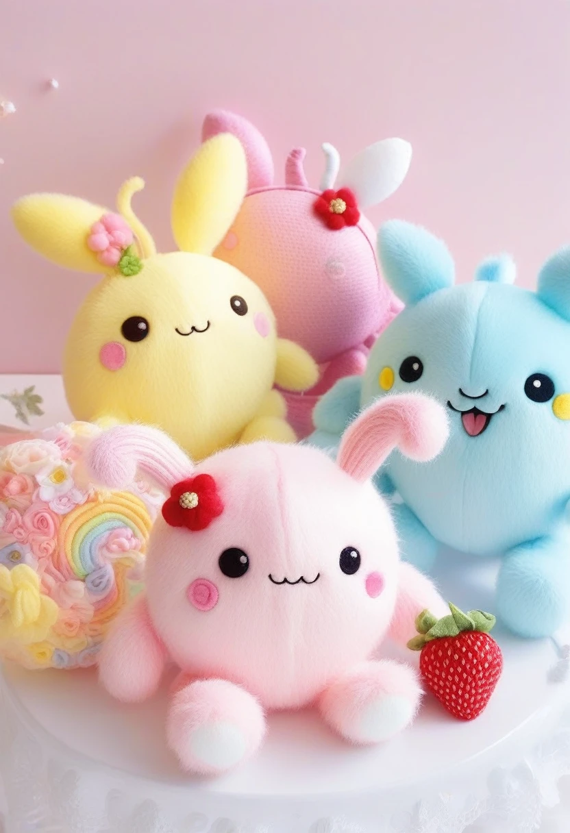 ribbon、strawberry、moon、butterfly、Rose、The cutest monster in the world。The colors are pink, light blue, and yellow.