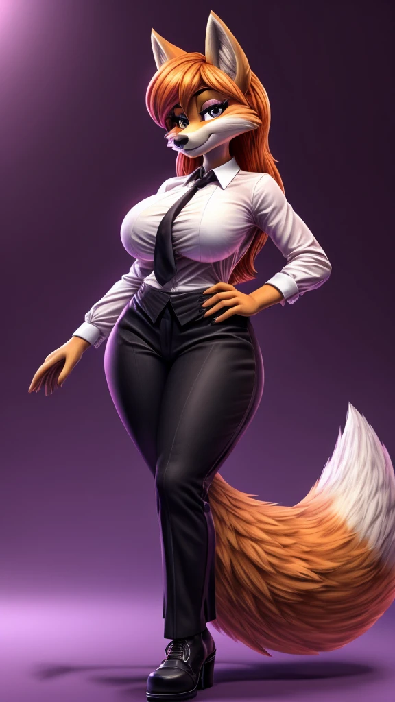 Skye from Paw Patrol, as a mature adult female mommy fox, fluffy flowy ginger orange hair, magenta iris, big breasts, big butt, thick thighs, slim body, white shirt with black tie, black skirt, pantyhose with boots, detailed, standing, solo, beautiful, high quality, 2D, awesome texture, clear background, great hair, fluffy tail, full body, 4K