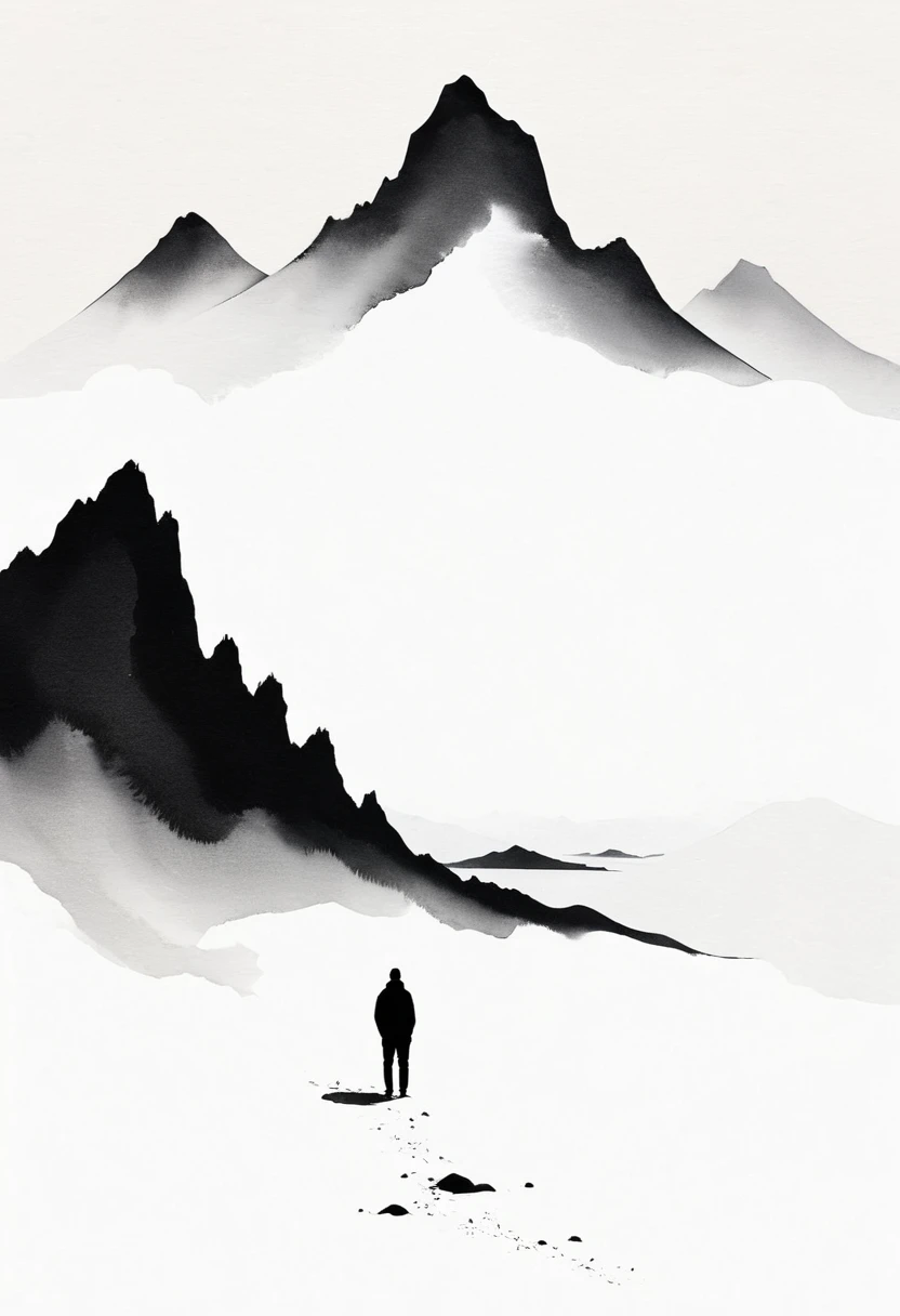 Montage Art Creation。Minimalism,ink,(Lots of white space:1.5),(Lots of white space:1.6), Huge negative space,White background, simple, Minimalism, Abstract,Hand Painted,Aesthetic,black and white,Ink Painting,Mountain,solitary Man