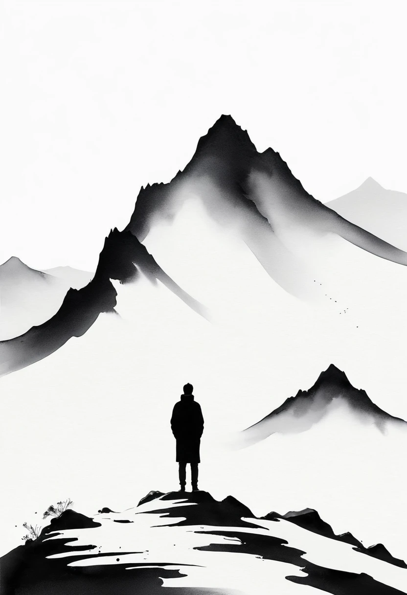 Montage Art Creation。Minimalism,ink,(Lots of white space:1.5),(Lots of white space:1.6), Huge negative space,White background, simple, Minimalism, Abstract,Hand Painted,Aesthetic,black and white,Ink Painting,Mountain,solitary Man