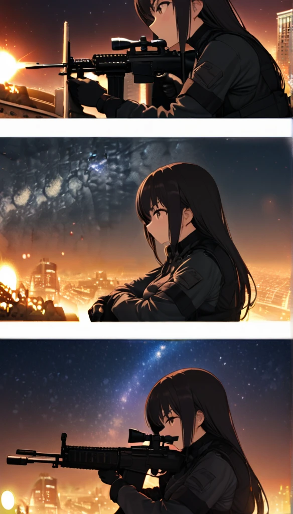 Highest quality, Highest quality, 16K, Unbelievably absurd, Very detailed, delicate and dynamic, Natural light, The particles reflect light, Diffuse reflection of light, Vortex of Light, dark outfield, ruined big city, roof top of ruined building, moon night, milky way, illumination, Create amazing image effects, Upper body close-up, (sole sexy girl, big Firm bust, , powerful, A professional sniper,, shooting a target with M16 auto rifle, swat uniform,)