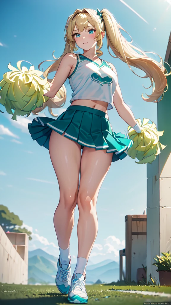 (masterpiece, top quality, best quality, official art, beautiful and aesthetic:1.2), (8k, best quality, masterpiece:1.2), (((masterpiece))), (((best quality))), (((extremely detailed))), illustration, who, (masterpiece, top quality, best quality, official art, beautiful and aesthetic:1.2), (8k, best quality, masterpiece:1.2), 1girl, crop top, cheerleader, Pom-poms in hand, (((blonde hair))), very long twin tails, medium , (((turquoise eyes))), full body, wide hips, smile, skirt, (((dark green and white cheerleader outfit))), (((foot ball arena))),