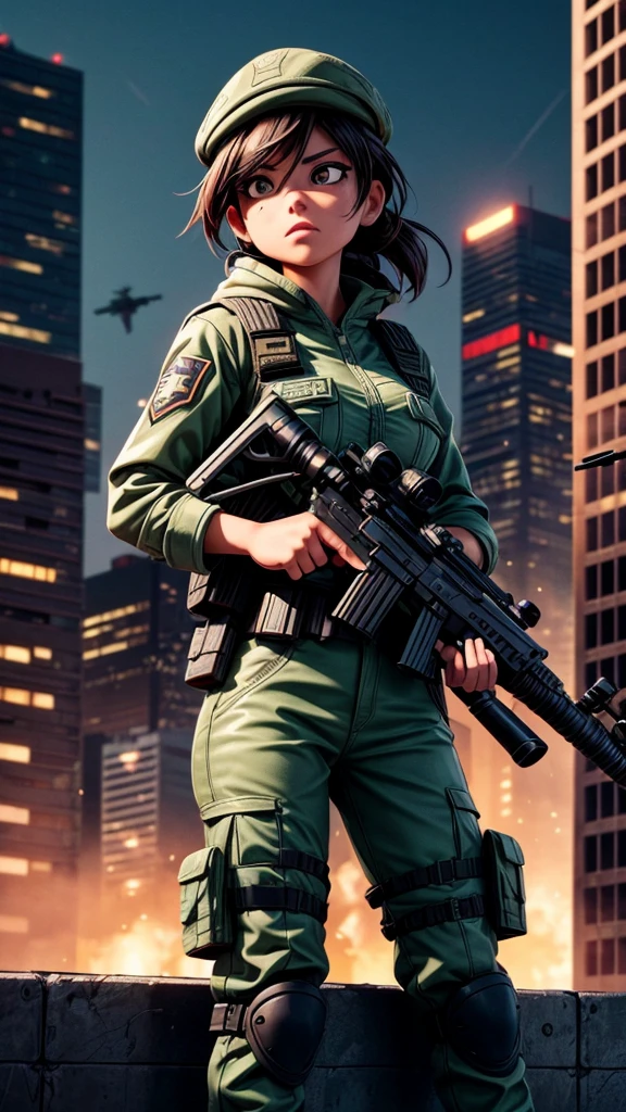 A female sniper member of the SWAT unit, on a rooftop wielding the latest sniper rifle, detailed military uniform, focused expression, tense action pose, high-tech rifle, urban cityscape background, dramatic lighting, cinematic composition, gritty and realistic, photorealistic, 8k, hyperdetailed, perfect sharpness