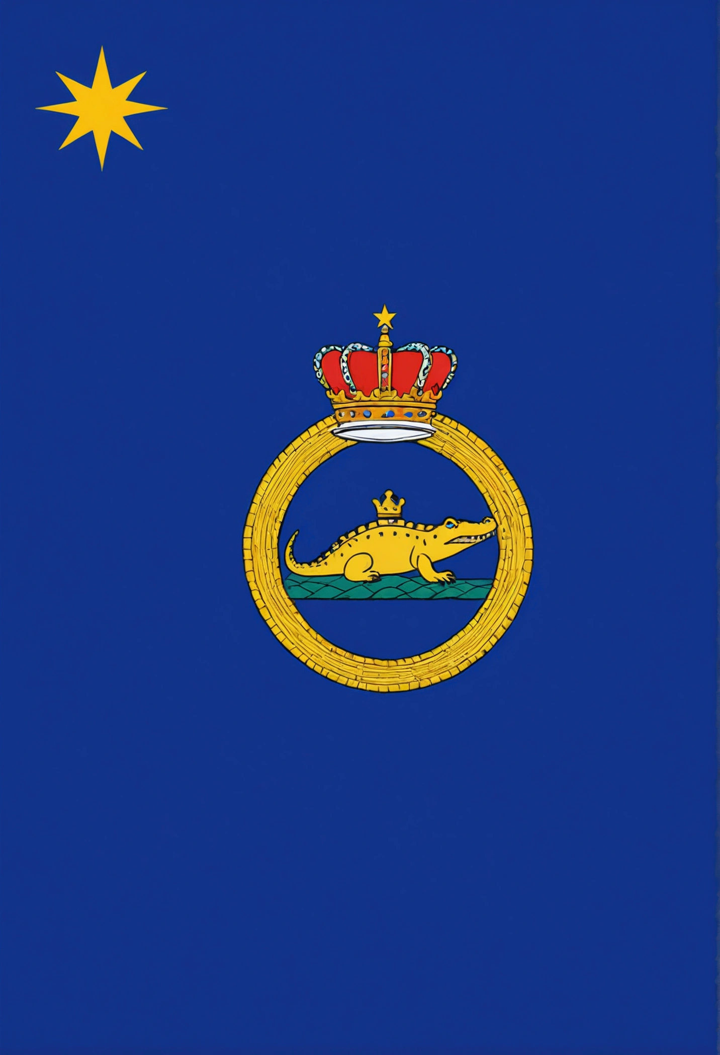 Rectangular flag design of a fictional country, blue with a circle and stars, a crown on one side and a crocodile