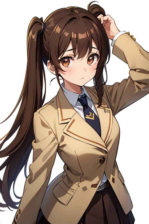 one woman, standing, cowboy shot, hand on chest,deep brown hair, low twin tails, deep brown eyes, white skin, , Great Joy, high school girl, , jacket/blazer, slim, looking at viewer, white background