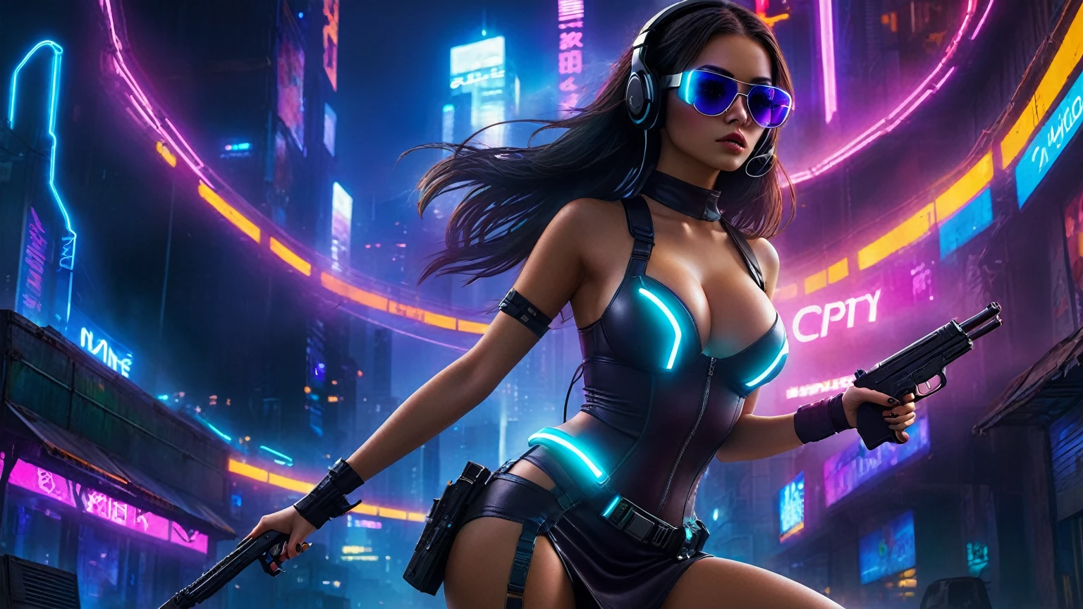 dark futuristic landscape, at night, neon lights, Atmospheric fog, large buildings in the background, futuristic city, streets with open shops, skyscraper (postapocalyptic city:1.3). (((1girl, solo, alone))), large-breast:1.2 slim body, cleavage:1.1, sexy miniskirt, (((headphone, black sunglasses, standing and holding pistol pose))), (((half-body thigh level medium shot))), cinematic lighting, lens flare, ray tracing.