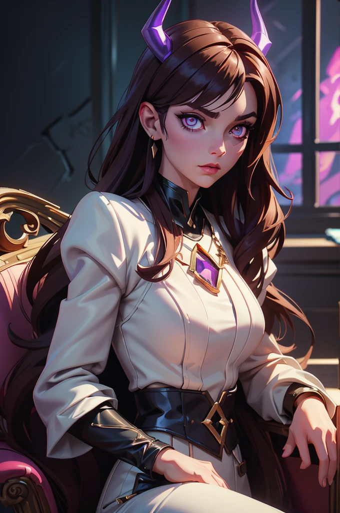 a demonic succubus woman with purple wings and tail, brown hair, golden eyes, thin purple horns, wearing a white dress with a leather jacket, fine facial features and almond-shaped eyes, (best quality,4k,8k,highres,masterpiece:1.2),ultra-detailed,(realistic,photorealistic,photo-realistic:1.37),digital painting,concept art,fantasy,dark fantasy,dramatic lighting,dramatic shadows,cinematic,moody,vibrant colors,glowing eyes
