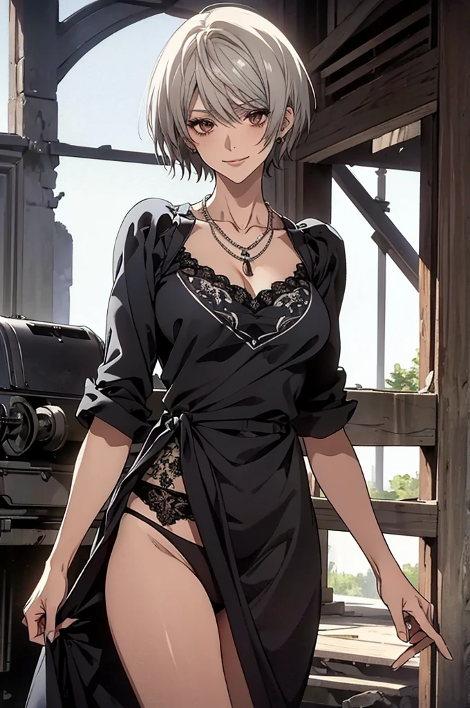 (Highest quality, High resolution, Very detailed), Silver Hair, Super short hair, Reddish brown eyes, black maxi dress, lace thong, Large Breasts, necklace, 24th generation, Beautiful woman, mature, quiet, Calm, A small smile, ruins,