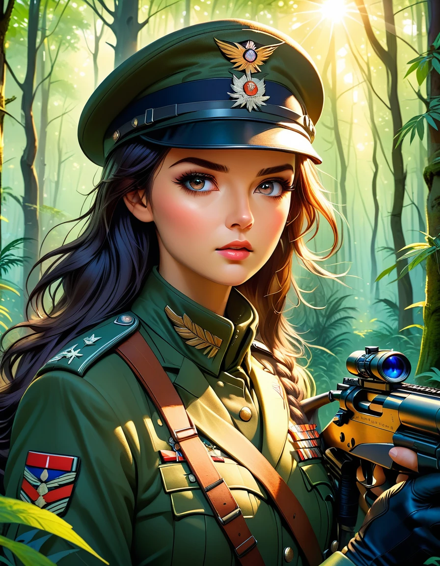 A female sniper,Octetopter, Intricate details, Highly detailed military uniform, Delicate face, beautiful eyes, Long eyelashes, Determine the expression, Holding, In a forest environment, Sunlight through the trees, light, Vibrant colors, Drama, masterpiece,Aim the lens
