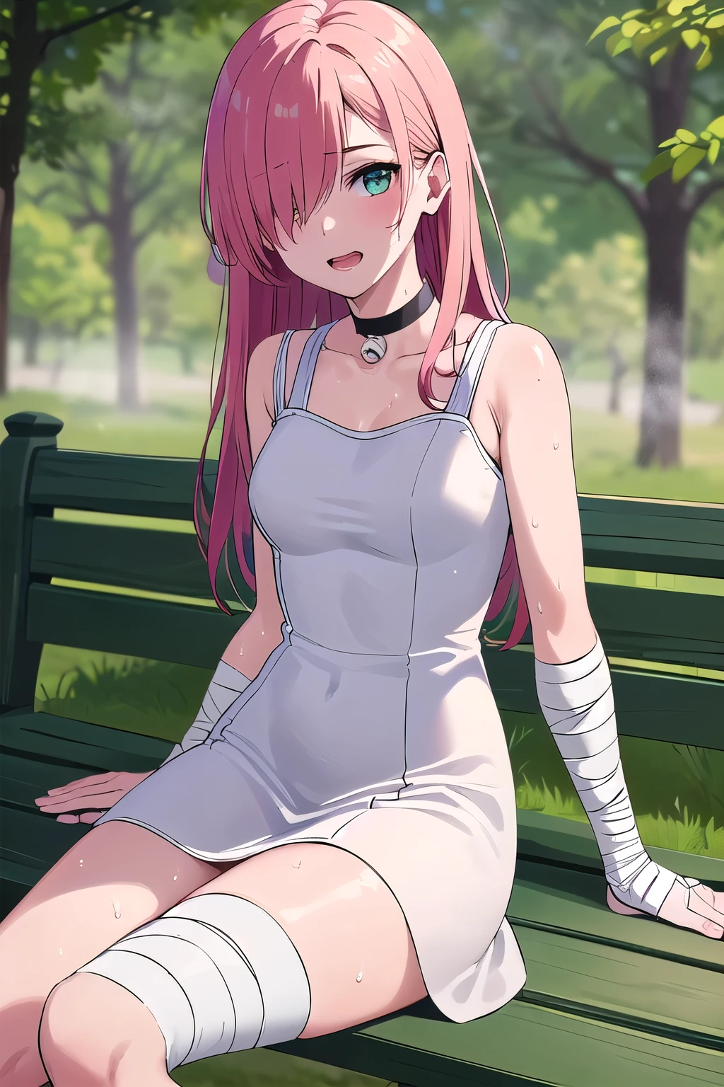(8K, top-quality, masterpiece:1.2), (reallistic, Photorealsitic:1.37), Super Detail, One girl,), (Highly detailed), (beautifully detailed eyes), (of the highest quality), (super detailed ), (masterpiece), (Detailed face),20yr old, ,1 girl, ((pink hair,long hair)), medium breasts, clothed, Perfect Lighting, BREAK (long bandage dress:1.5), (white bandages:1.3), (beige stripes:1.2), (monochrome color palette:1.2), (red accents:1.1), (safety pins on dress:1.1), (silver choker:1.1), (white sneakers:1.1), (artistic bandage details:1.1), (high quality:1.2), BRAKE (upper body to thighs:1.1), (long pink hair, side-swept:1.2), (smile expression:1.1), (hair over one eye:1.1), (looking at viewer:1.1), (sitting on a park bench:1.2), (backlit:1.1), (soft lighting:1.1), (bandage dress:1.1), (green trees:1.1), (bright sky:1.1), BRAKE (sweat:1.5), (steam:1.2), (masturbation:1.2), (girl trembling with sexual climax:1.1), (looking at viewer:1.3), (open mouth:1.2)
