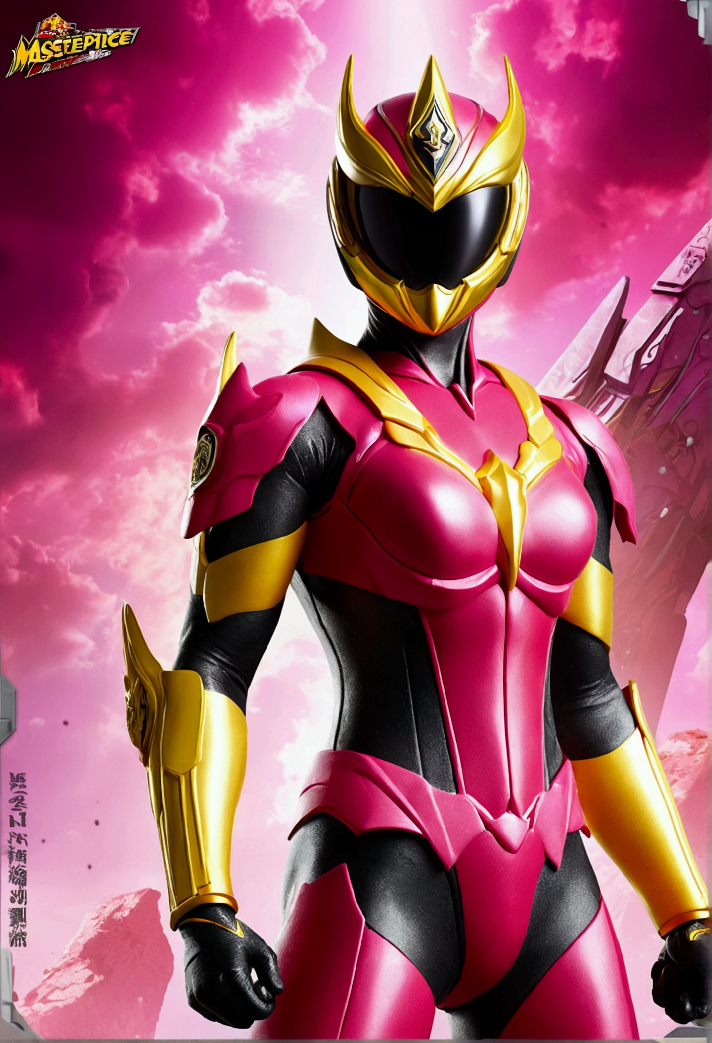 An incredible decision、High resolution、(masterpiece:1.4)、Ultra-detailed、Sharp details、Dramatic and realistic painting art、Super Sentai Serieechanical Body、Hero Mask、（red tint、Lush、black、yellow、That&#39;s pink、Group of 5）Hero of Justice、Decide on a transformation pose、