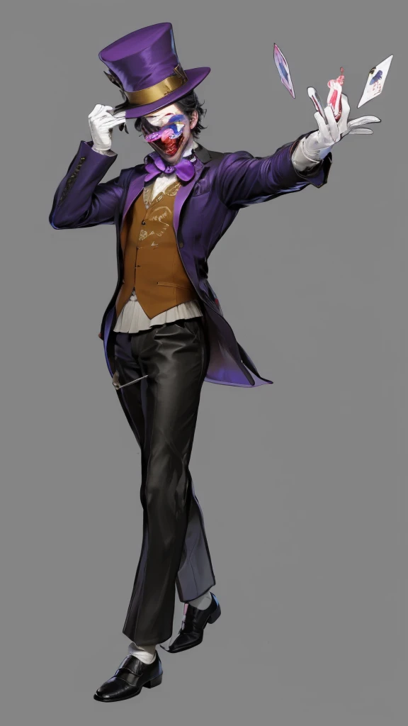 Official Art, masterpiece, Clear focus, Extremely detailed, (Side Light:1.2), clown，Suit，crazy，male，whole body，mystery，magician帽，Suit外套，Vest，leather shoes，wear gloves，magician，weird，Strong build，
