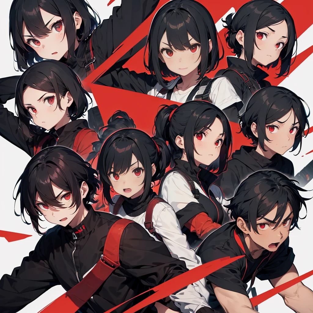 A young 21 year old man, angry appearance, in black and red modern ninja outfit, Eyes red, blackw, wavy short hair, Caucasian skin, clothes worn out by time, a red sword on the back, 1,78 tall.