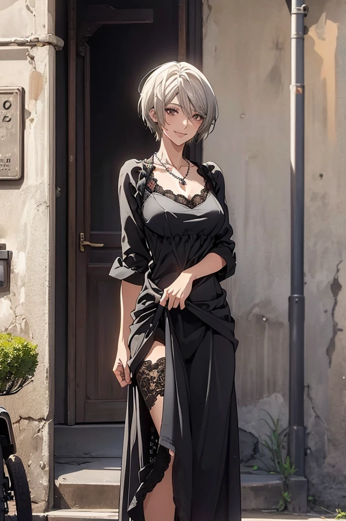 (Highest quality, High resolution, Very detailed), Silver Hair, Super short hair, Reddish brown eyes, black maxi dress, lace thong, Large Breasts, necklace, 24th generation, Beautiful woman, mature, quiet, Calm, A small smile, street,