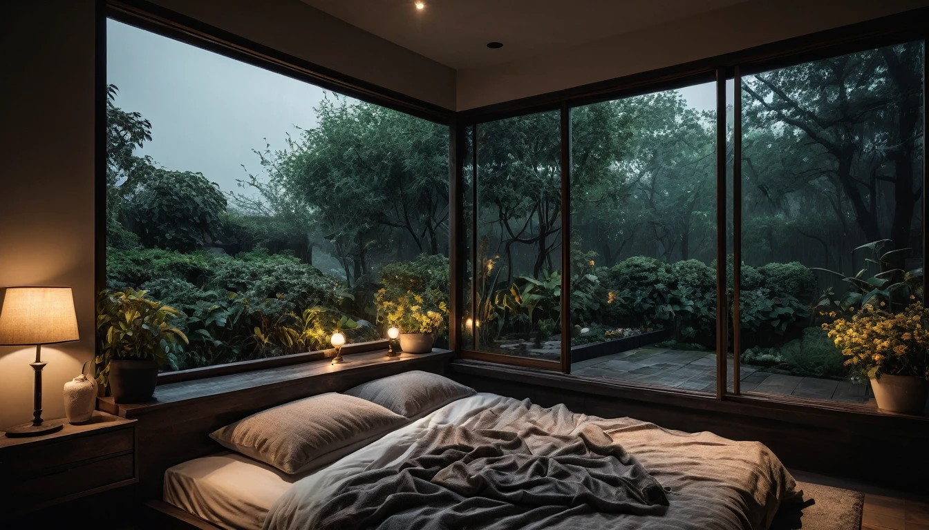The picture shows a cozy gloomy bedroom, with a large window offering a view of a beautiful, dimly lit garden AND a garden soaked in FLOWERS, the cobblestones of the Japanese house concept. CINEMATIC, JAPANESE HOUSE, the shape of a Japanese house, and lots of flower gardens in the garden. The bed was unmade with rumpled sheets, indicating only a light sleep. the room is dark, gloomy, looks dim, gloomy. Beside the bed there is a small table with a classic lamp that radiates warm light into the room. Outside the window you can see the lush greenery of the terrace or balcony area, the rain is falling, the lamp on the left provides warm lighting, creating a calm and peaceful atmosphere. with fog obscuring part of the view in the distance. The contrast between the warmth indoors and the rain outdoors creates an inviting and calming atmosphere