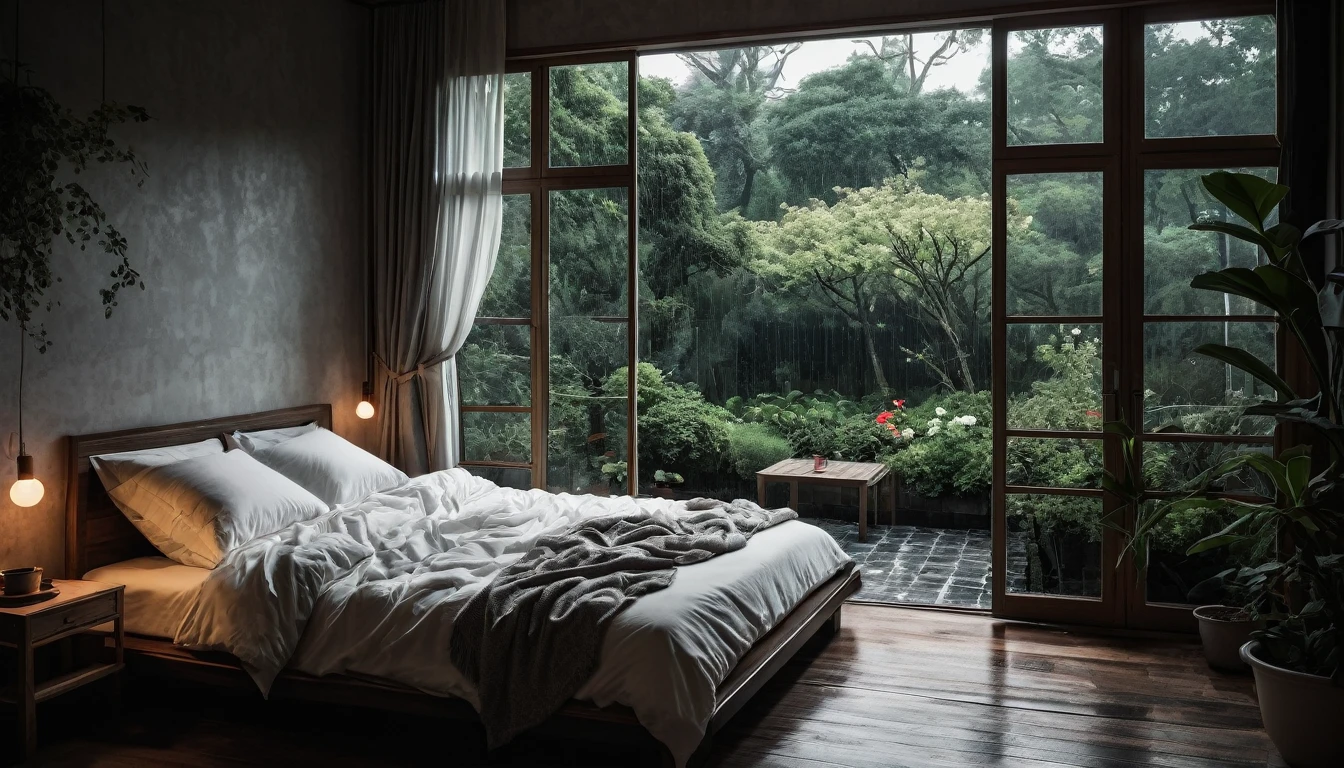 The picture shows a cozy gloomy bedroom, with a large window offering a view of a beautiful, dimly lit garden AND a garden soaked in FLOWERS, the cobblestones of the Japanese house concept. CINEMATIC, JAPANESE HOUSE, the shape of a Japanese house, and lots of flower gardens in the garden. The bed was unmade with led sheets, indicating only a light sleep. the room is dark, gloomy, looks dim, gloomy. Beside the bed there is a small table with a classic lamp that radiates warm light into the room. Outside the window you can see the lush greenery of the terrace or balcony area, the rain is falling, the lamp on the left provides warm lighting, creating a calm and peaceful atmosphere. with fog obscuring part of the view in the distance. The contrast between the warmth indoors and the rain outdoors creates an inviting and calming atmosphere