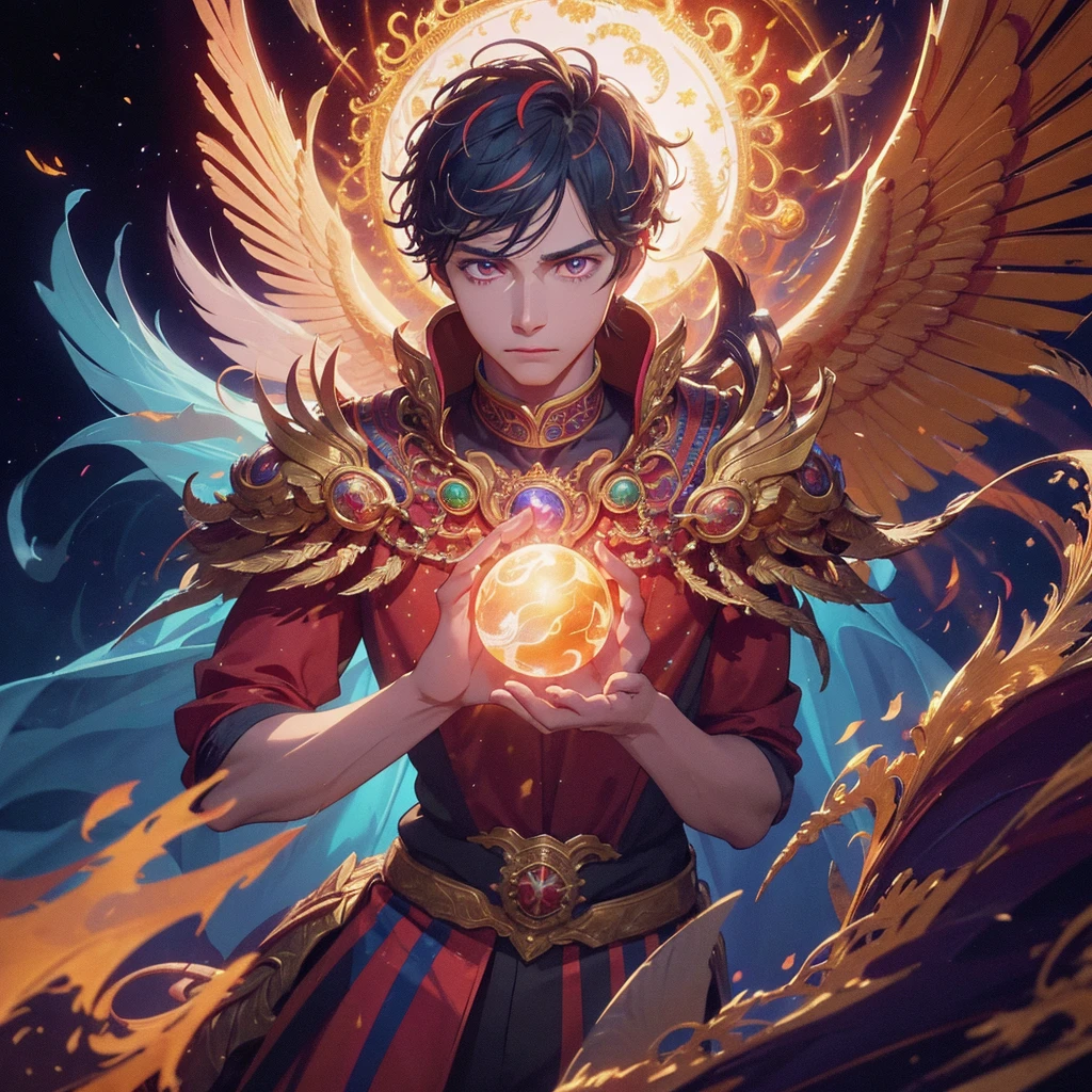 a young man, fair skin, ornate colorful outfit, guardian of fire, mystical fantastical elements, glowing orbs, feathered wings, swirling energy, detailed facial features, detailed clothing, dramatic lighting, cinematic composition, vibrant colors, fantasy art, digital painting, photorealistic, 8k, high quality