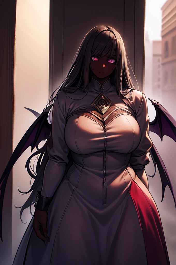 a demonic succubus woman with purple wings and tail, brown hair, golden eyes, thin purple horns, wearing a white dress with a leather jacket, fine facial features and almond-shaped eyes, (best quality,4k,8k,highres,masterpiece:1.2),ultra-detailed,(realistic,photorealistic,photo-realistic:1.37),digital painting,concept art,fantasy,dark fantasy,dramatic lighting,dramatic shadows,cinematic,moody,vibrant colors,glowing eyes