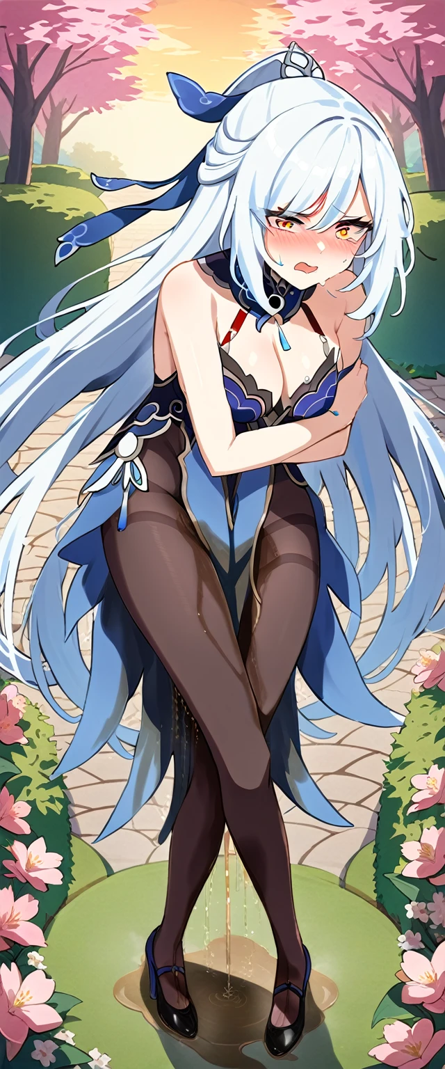 (masterpiece:1.37), best quality, (extremely detailed:1.37), (1girl:1.5), woman, (mature:1.5), (adult:1.5), jingliu, white hair, long hair, ponytail, hair ribbon, red eyes, earrings, jewelry, dress, pantyhose, (pelvic curtain:1.5), (extremely detailed eyes:1.37), (wetting self:2.0), desperation, (standing:1.5), embarrassed, humiliation, blushing, angry, cherry blossoms, garden, (golden hour:1.5), full body, (crossing legs:1.5), from above